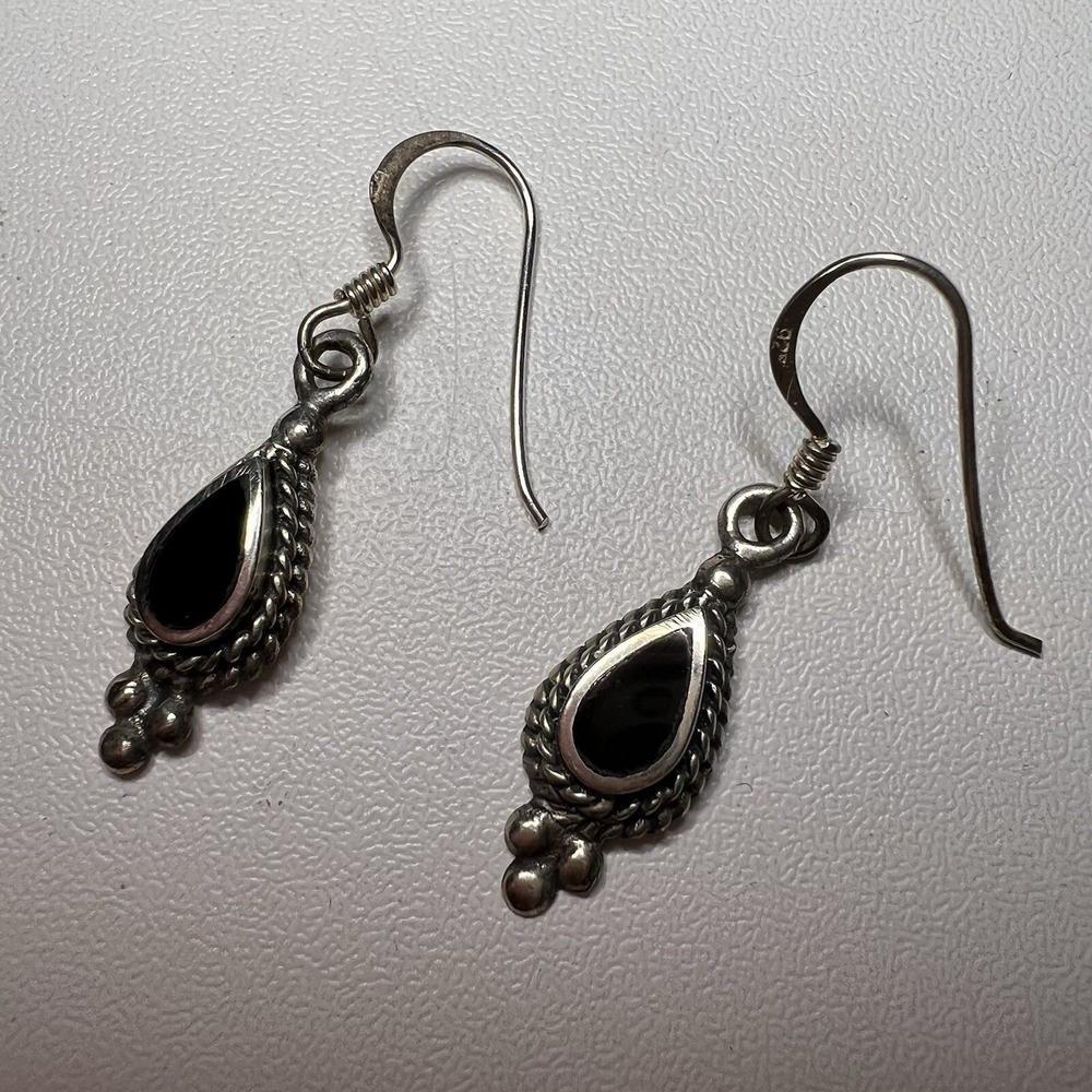 Vintage‎ Black Onyx Charles Winston Sterling Silver Teardrop Rope Earrings